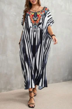 Stylish Stripe Printing Crew Neck Slit Beach Dress Cover-up Wholesale