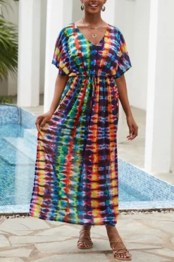 Sexy Multicolor Tie Dye Mesh V-neck Beach Dress Cover-up#1#(only Cover-up) Wholesale