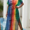 Sexy Multicolor Tie Dye Mesh V-neck Beach Dress Cover-up#2#(only Cover-up) Wholesale