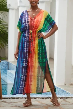 Sexy Multicolor Tie Dye Mesh V-neck Beach Dress Cover-up#2#(only Cover-up) Wholesale