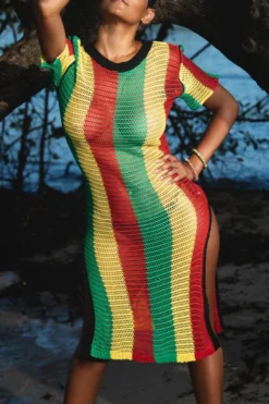 Sexy Cut Out Rainbow Knitted Slit Side Beach Dress Cover-up(only Cover-up) Wholesale Cover-ups