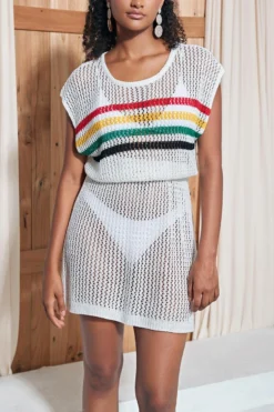 Sexy Cut Out Stripe Knitted Crew-neck Beach Mini Dress Cover-up(only Cover-up) Wholesale Cover-ups