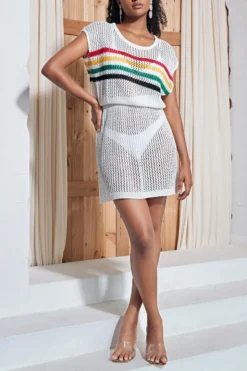 Sexy Cut Out Stripe Knitted Crew-neck Beach Mini Dress Cover-up(only Cover-up) Wholesale Cover-ups -Plus-Size Dresses Sales Store BA012230 7