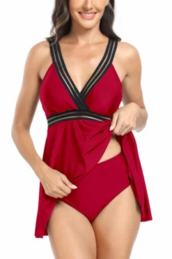 Sexy Plus Size Tape Stitching Padded Backless Sling Dress Style Tankini Set Wholesale Tankini Sets