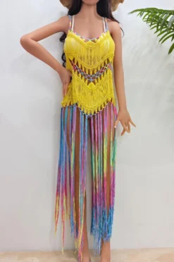 Sexy Gradient Color Cut Out Knitted Tassel Beach Dress Cover-up(only Cover-up) Wholesale
