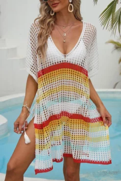 Sexy Cut Out Color-block Stripe Knitted V-neck Dress Cover-up(only Cover-up) Wholesale Cover-ups