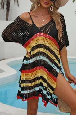 Sexy Cut Out Color-block Stripe Knitted V-neck Dress Cover-up(only Cover-up) Wholesale Cover-ups -Plus-Size Dresses Sales Store BA014370 14