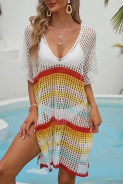 Sexy Cut Out Color-block Stripe Knitted V-neck Dress Cover-up(only Cover-up) Wholesale Cover-ups -Plus-Size Dresses Sales Store BA014370 4