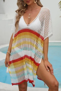Sexy Cut Out Color-block Stripe Knitted V-neck Dress Cover-up(only Cover-up) Wholesale Cover-ups -Plus-Size Dresses Sales Store BA014370 5