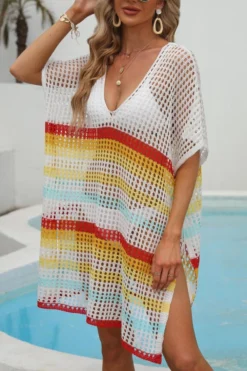 Sexy Cut Out Color-block Stripe Knitted V-neck Dress Cover-up(only Cover-up) Wholesale Cover-ups -Plus-Size Dresses Sales Store BA014370 6