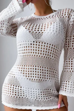 Sexy 3 Colors Hollow Out Knitted Long Sleeve Mini Dress Cover-up(only Cover-up) Wholesale Cover-ups -Plus-Size Dresses Sales Store BA015767 4