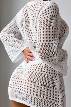 Sexy 3 Colors Hollow Out Knitted Long Sleeve Mini Dress Cover-up(only Cover-up) Wholesale Cover-ups -Plus-Size Dresses Sales Store BA015767 5