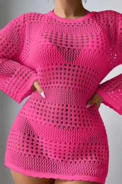 Sexy 3 Colors Hollow Out Knitted Long Sleeve Mini Dress Cover-up(only Cover-up) Wholesale Cover-ups -Plus-Size Dresses Sales Store BA015767 6