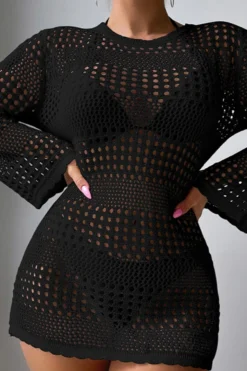 Sexy 3 Colors Hollow Out Knitted Long Sleeve Mini Dress Cover-up(only Cover-up) Wholesale Cover-ups -Plus-Size Dresses Sales Store BA015767 9