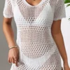 Sexy Hollow Out Knitted 3 Colors Short Sleeve Mini Dress Cover-up(only Cover-up) Wholesale