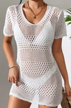 Sexy Hollow Out Knitted 3 Colors Short Sleeve Mini Dress Cover-up(only Cover-up) Wholesale