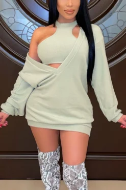 Autumn New Plus Size Solid Color Stretch Vest With V-neck Mini Dress Stylish Two-piece Set Wholesale Plus-Size Dresses -Plus-Size Dresses Sales Store DA002191 3