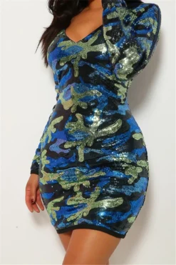 Autumn Winter New Sequins Decorated Stretch V-neck Back Zip-up Sexy Camo Dress Wholesale -Plus-Size Dresses Sales Store a22614 4