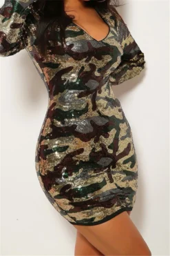 Autumn Winter New Sequins Decorated Stretch V-neck Back Zip-up Sexy Camo Dress Wholesale -Plus-Size Dresses Sales Store a22614 5