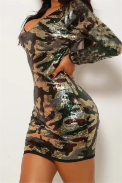 Autumn Winter New Sequins Decorated Stretch V-neck Back Zip-up Sexy Camo Dress Wholesale -Plus-Size Dresses Sales Store a22614 6