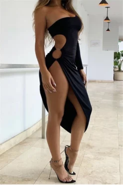 Autumn New Solid Color Stretch One-shoulder Hollow Ring Link Sexy Elegant Dress Wholesale 24 Autumn New Solid Color Stretch One-shoulder Hollow Ring Link Sexy Elegant Dress Wholesale -Plus-Size Dresses Sales Store a22655 3