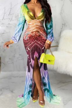 Autumn New Plus Size Four Colors Digital Print V-neck Slit Elegant Length The Floor Dress Wholesale Plus-Size Dresses -Plus-Size Dresses Sales Store a22674 18