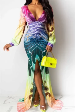 Autumn New Plus Size Four Colors Digital Print V-neck Slit Elegant Length The Floor Dress Wholesale Plus-Size Dresses