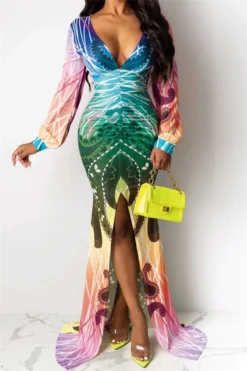 Autumn New Plus Size Four Colors Digital Print V-neck Slit Elegant Length The Floor Dress Wholesale Plus-Size Dresses -Plus-Size Dresses Sales Store a22674 3