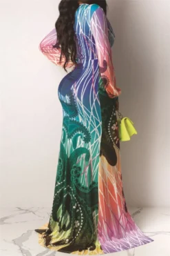 Autumn New Plus Size Four Colors Digital Print V-neck Slit Elegant Length The Floor Dress Wholesale Plus-Size Dresses -Plus-Size Dresses Sales Store a22674 5