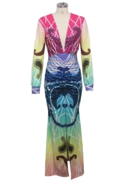 Autumn New Plus Size Four Colors Digital Print V-neck Slit Elegant Length The Floor Dress Wholesale Plus-Size Dresses -Plus-Size Dresses Sales Store a22674 9