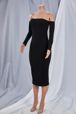 Autumn New Plus Size Solid Color Ribbed Fabric Stretch Off-shoulder Stylish Midi Dress Wholesale Plus-Size Dresses -Plus-Size Dresses Sales Store aa000860 black r 2