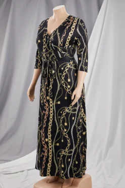 XL-5XL Autumn New Chain Printing Stretch V-neck Three-quarter-sleeve Loose Stylish Maxi Dress With Belt Wholesale Plus-Size Dresses -Plus-Size Dresses Sales Store aa001442 r 2
