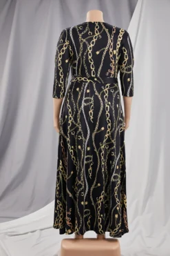 XL-5XL Autumn New Chain Printing Stretch V-neck Three-quarter-sleeve Loose Stylish Maxi Dress With Belt Wholesale Plus-Size Dresses -Plus-Size Dresses Sales Store aa001442 r 3