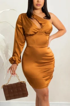 Four Colors Early Autumn Solid Color Plus Size Hollow Out One Shoulder Stretch Satin Sexy Mini Dress Wholesale Plus-Size Dresses
