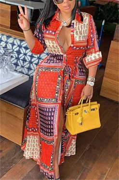 Spring New Stylish Batch Printing Single Breasted Micro Elastic Plus Size Casual Maxi Dress(with Belt) Wholesale