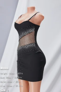 S-3XL Plus Size Summer New Stylish Two Colors Rhinestone See-through Mesh Stitching Stretch Slim Adjustable Sling Sexy Mini Dress Wholesale -Plus-Size Dresses Sales Store aa006286 black s 2