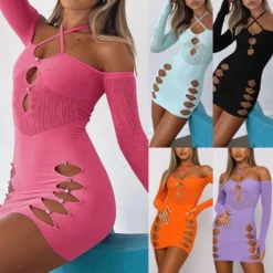 Spring New 5 Colors Stretch See Through Mesh Spliced Rhinestone Hollow Halter-neck Lace-up Thumb Hole Long Sleeves Bodycon Sexy Mini Dress Wholesale -Plus-Size Dresses Sales Store aa006604 19
