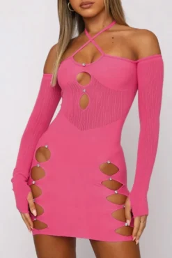 Spring New 5 Colors Stretch See Through Mesh Spliced Rhinestone Hollow Halter-neck Lace-up Thumb Hole Long Sleeves Bodycon Sexy Mini Dress Wholesale -Plus-Size Dresses Sales Store aa006604 5