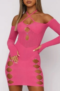 Spring New 5 Colors Stretch See Through Mesh Spliced Rhinestone Hollow Halter-neck Lace-up Thumb Hole Long Sleeves Bodycon Sexy Mini Dress Wholesale -Plus-Size Dresses Sales Store aa006604 52