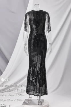 Summer New Two Colors See Through Mesh Patchwork Micro-elastic Sequin Decor Stretch Tassel Elegant High Quality Maxi Dress Wholesale Tank & Cami Dresses -Plus-Size Dresses Sales Store aa006982 black s 3 1