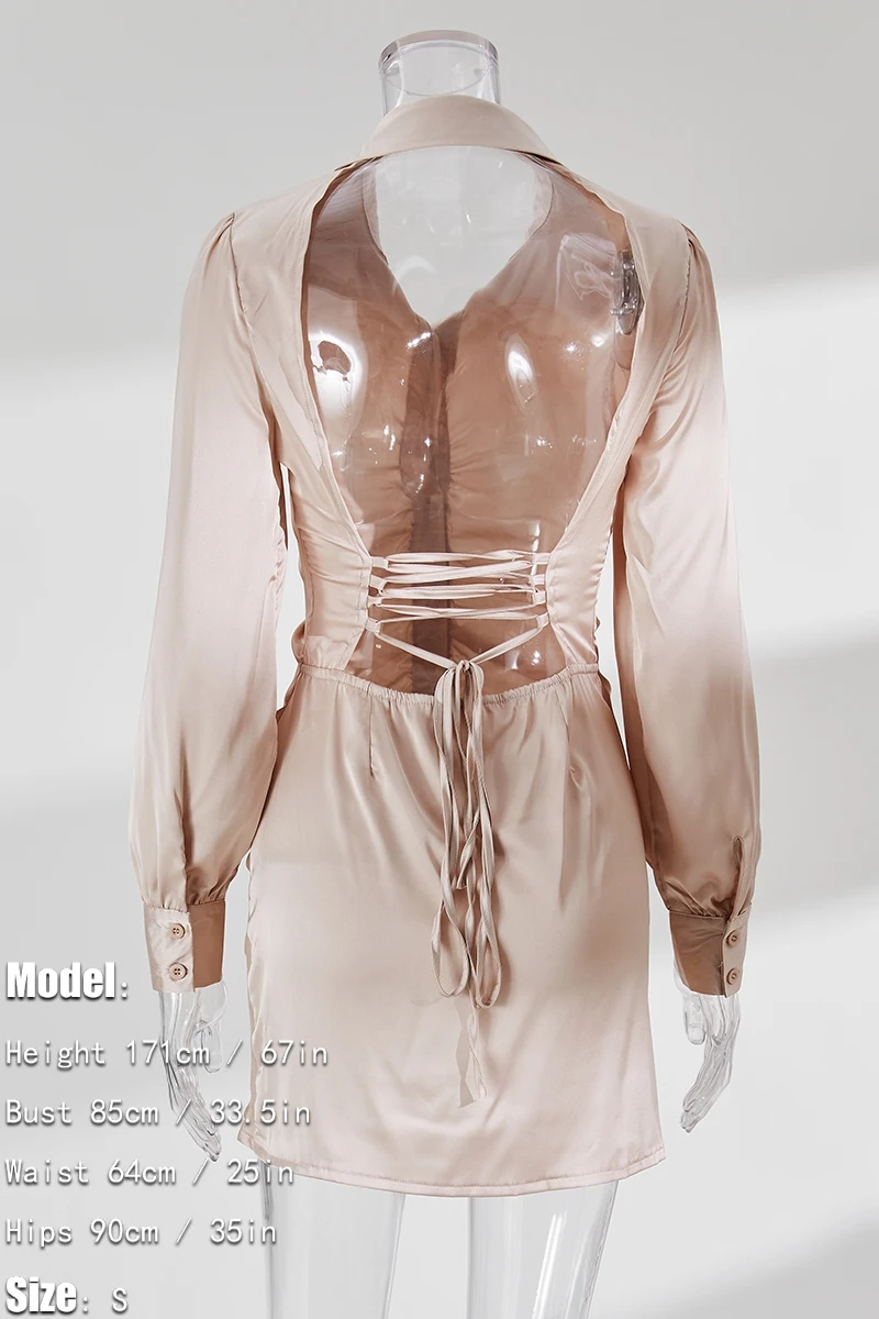 Autumn New Two Colors Slight Stretch Satin Single-breasted Backless Lace-up Stylish Sexy Shirt Mini Dress Wholesale Cut Out Dresses 13 Autumn New Two Colors Slight Stretch Satin Single-breasted Backless Lace-up Stylish Sexy Shirt Mini Dress Wholesale Cut Out Dresses - Image 13