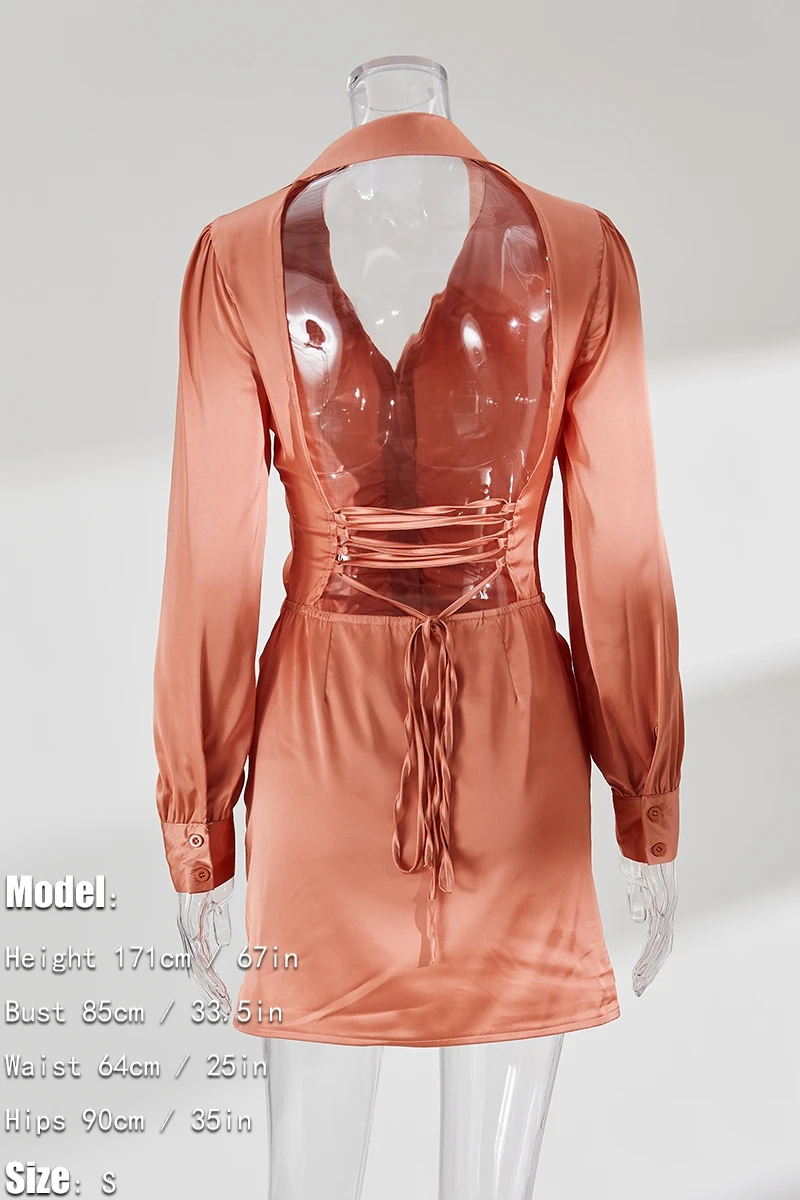 Autumn New Two Colors Slight Stretch Satin Single-breasted Backless Lace-up Stylish Sexy Shirt Mini Dress Wholesale Cut Out Dresses 10 Autumn New Two Colors Slight Stretch Satin Single-breasted Backless Lace-up Stylish Sexy Shirt Mini Dress Wholesale Cut Out Dresses - Image 10