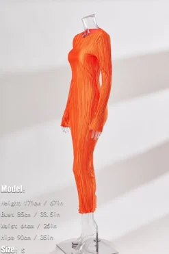 Autumn New 3 Colors Slight Stretch Long Sleeve Pleated Stylish Casual Slim Midi Dress Wholesale -Plus-Size Dresses Sales Store aa009849 orange s 2