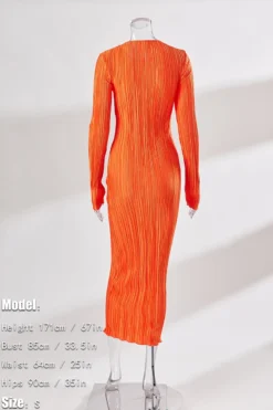 Autumn New 3 Colors Slight Stretch Long Sleeve Pleated Stylish Casual Slim Midi Dress Wholesale -Plus-Size Dresses Sales Store aa009849 orange s 3