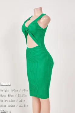 Sexy Solid Color Stretch Hollow Knitted Kinked Slit Slim Midi Dress Wholesale -Plus-Size Dresses Sales Store aa014009 green s 2