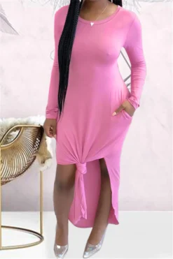 Autumn New Plus Size Solid Color Stretch Round-neck Side Slit Pockets Stylish Dress Wholesale Casual Dresses