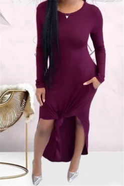 Autumn New Plus Size Solid Color Stretch Round-neck Side Slit Pockets Stylish Dress Wholesale Casual Dresses -Plus-Size Dresses Sales Store b20702 4