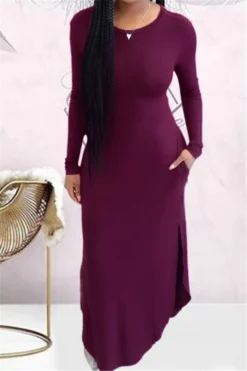 Autumn New Plus Size Solid Color Stretch Round-neck Side Slit Pockets Stylish Dress Wholesale Casual Dresses -Plus-Size Dresses Sales Store b20702 5