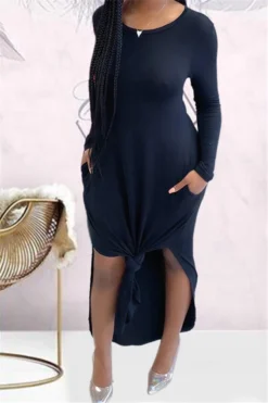 Autumn New Plus Size Solid Color Stretch Round-neck Side Slit Pockets Stylish Dress Wholesale Casual Dresses -Plus-Size Dresses Sales Store b20702 7