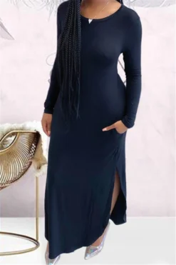 Autumn New Plus Size Solid Color Stretch Round-neck Side Slit Pockets Stylish Dress Wholesale Casual Dresses -Plus-Size Dresses Sales Store b20702 8